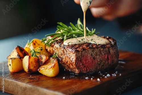 Juicy Steak Served With Herbs and Sauce on a Wooden Board With Roasted Potatoes
