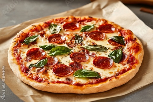 Delicious Pepperoni Pizza Topped With Fresh Basil on a Rustic Surface.