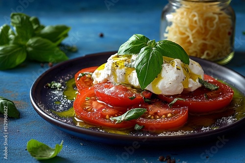 Fresh Tomato Salad With Creamy Cheese and Basil on a Blue Table in a Cozy Kit...