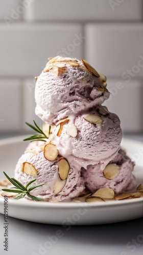Creamy Lavender Almond Ice Cream Dessert Served With Honey Drizzle and Garnis...
