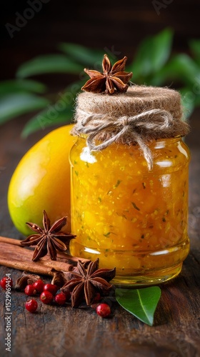 Mango Preserve Jar With Spices and Fruits on Wooden Table Under Natural Light