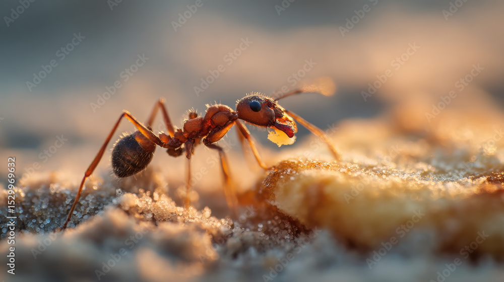 A close-up shows an ant on its hind legs, actively searching for food near grainy sand as the sun sets, creating a warm glow around it A close-up shows an ant on its hind legs, actively searching for food near grainy sand as the sun sets, creating a warm glow around it