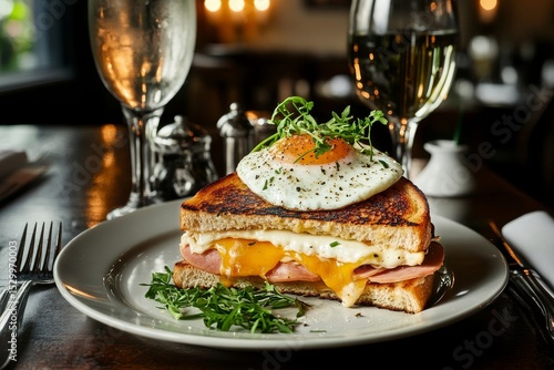 Breakfast Sandwich With Egg, Ham, and Cheese Served on a Plate With Chives.