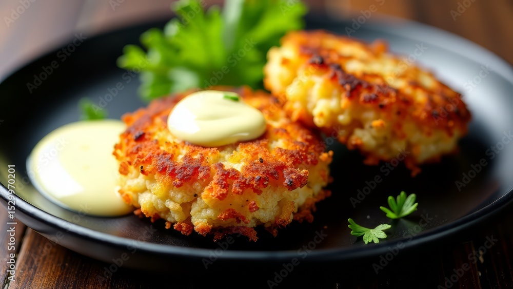 Crab cakes with aioli on black plate Crab cakes with aioli on black plate