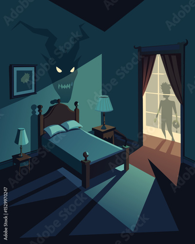 The dimly lit room was filled with shadows but the gaslight shadow looming over the bed seemed to hold a sinister presence.. Vector illustration