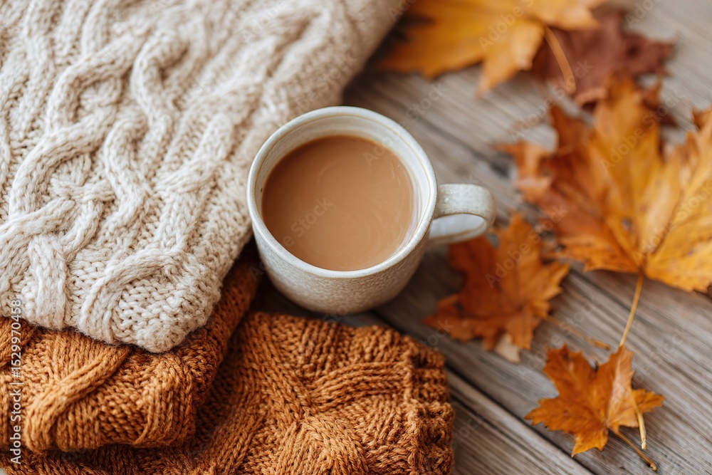 Enjoying a warm cup of coffee surrounded by autumn leaves and cozy knitwear in a serene setting Enjoying a warm cup of coffee surrounded by autumn leaves and cozy knitwear in a serene setting