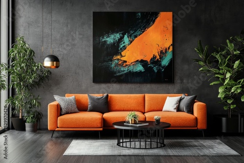 Modern Living Room With Orange Sofa and Abstract Art on the Wall in a Stylish...