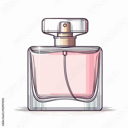 Luxury perfume bottle with pink liquid and golden details, elegant illustration on white background, copy space