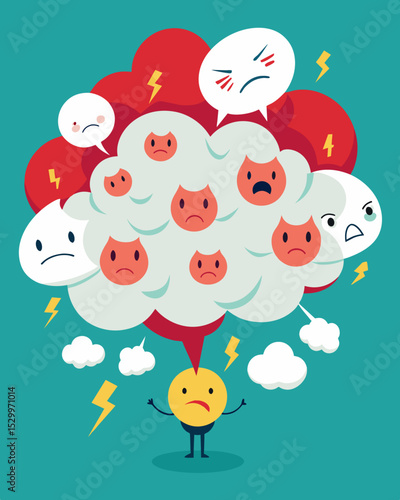 Inside the cloud are endless taunts criticisms and insults directed solely at the person.. Vector illustration