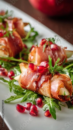 Gourmet Prosciutto Rolls With Arugula and Pomegranate on Elegant Plate.