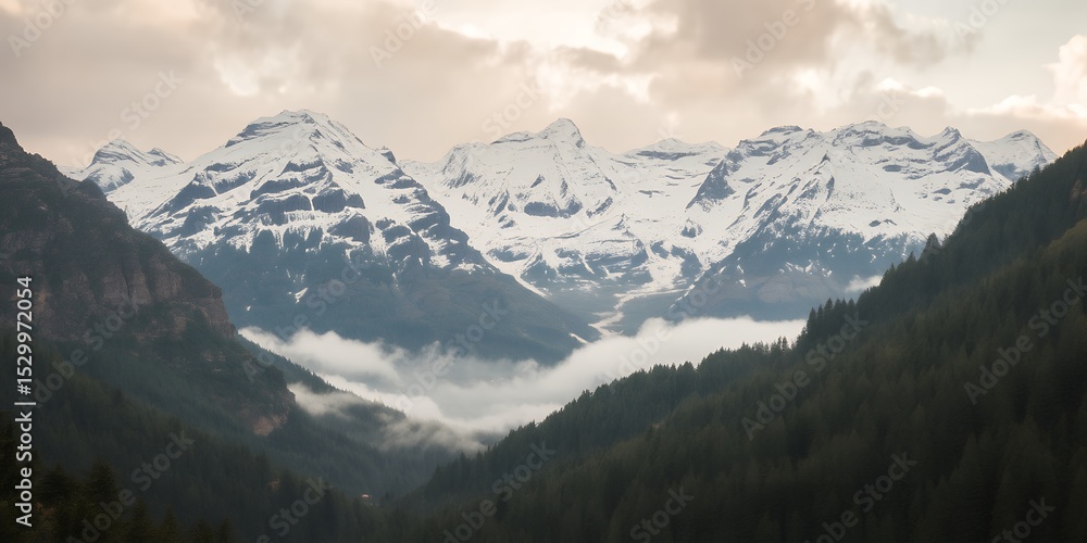 Fototapeta premium A scenic view of snow capped mountains with clouds and green trees in the foreground valley
