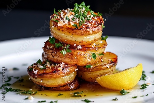 Delicious Roasted Potatoes With Herbs and Lemon on a Plate in Bright Light.