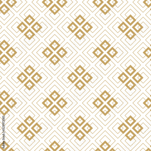 Abstract geometric pattern with squares, crosses, stripes, lines. Seamless vector background. White and gold ornament. Modern reticulated graphic design.