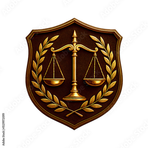 Photo of a golden scales of justice emblem is displayed on a brown shield with golden laurel wreath isolated on transparent background