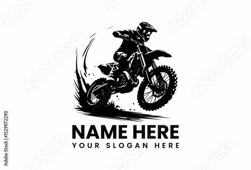 Stylized black vector logo featuring motocross bike mid-air with explosive dirt spray on rugged terrain
