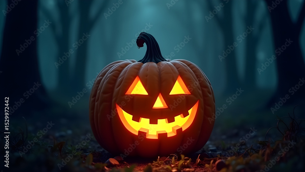 Naklejka premium Glowing Jack O Lantern in Dark Foggy Forest for Halloween