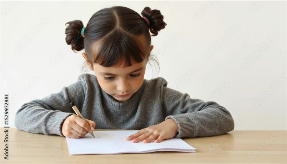 Young girl concentrating while writing on paper at a wooden table Young girl concentrating while writing on paper at a wooden table