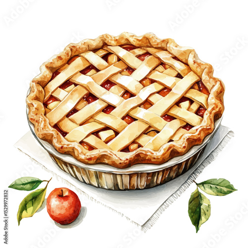 Fresh Baked Apple Pie, watercolor drawing vector, isolated on a white background.