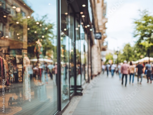 Blurred city street scene with store front display.