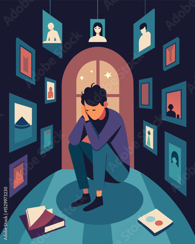 Inside a luxurious mansion a person sits alone in a room surrounded by walls plastered with photos of their perceived flaws and shortcomings ped in a vicious cycle of selfloathing.. Vector