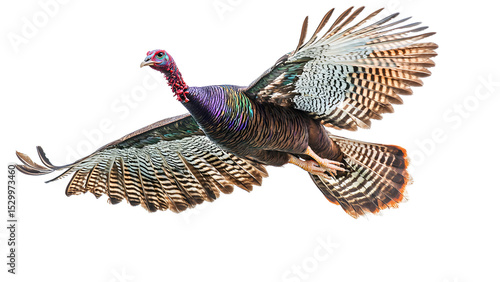 A wild turkey in flight, isolated on transparent background