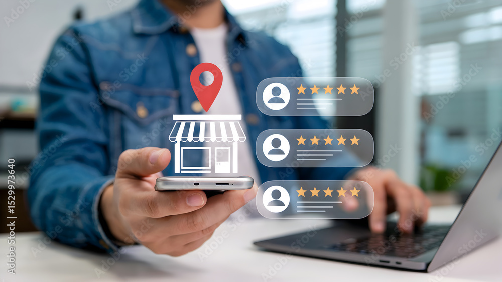 Man using smartphone to check online business reviews and location on map app for local shop customer ratings feedback Man using smartphone to check online business reviews and location on map app for local shop customer ratings feedback