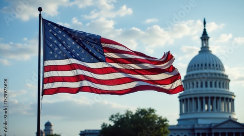 Tattered and dirty american flag waving in the wind in front of the United States Capitol