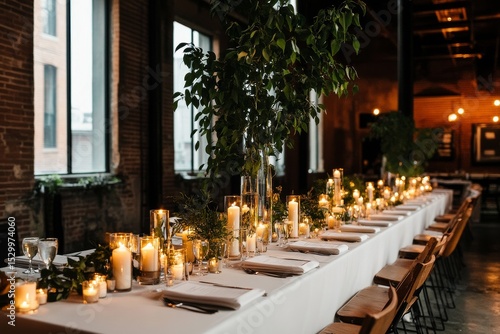 Elegant Dining Setup With Candles and Greenery in a Rustic Venue During an Ev...