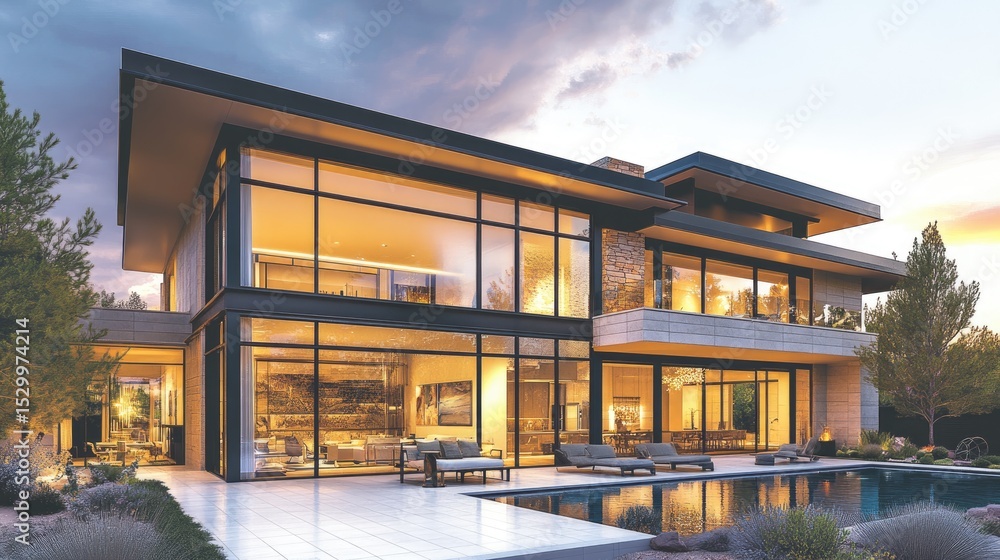 Obraz premium Modern home with expansive windows and a pool.