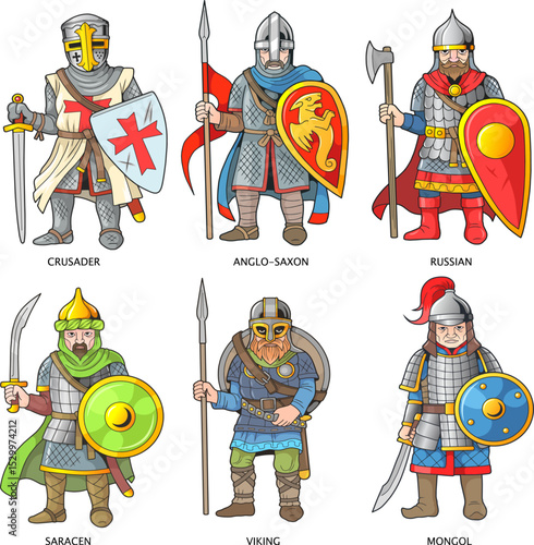 medieval warriors of different countries, set of images