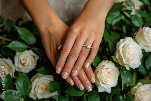 Elegant Hands Adorned With a Sparkling Ring Surrounded by White Roses in a Fl...