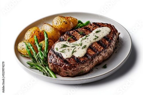 Savory Grilled Steak Served With Roasted Potatoes and Green Vegetables on a W...