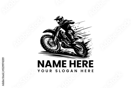Dynamic black silhouette vector logo of motocross rider jumping dirt bike with dramatic dirt spray action