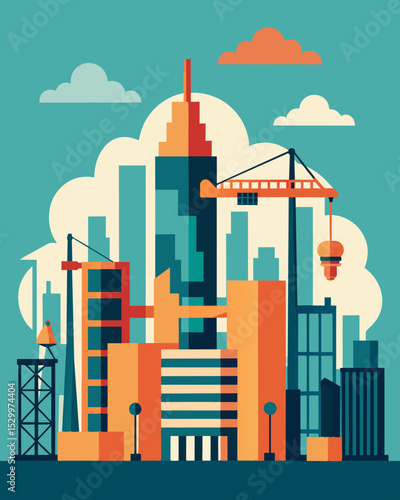 A city skyline dotted with cranes and construction as new infrastructure projects are launched contributing to economic growth.. Vector illustration