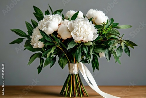 Beautiful Peony Bouquet Held by Hand With Elegant Ribbon in Simple Background.