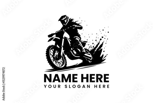Dynamic black silhouette vector logo of motocross rider jumping dirt bike with dramatic dirt spray action