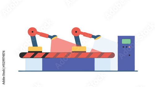 Illustration of an automated assembly line with robotic arms and a control panel setup in a factory