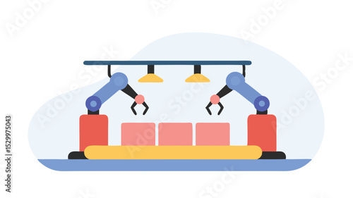 Illustration of an automated assembly line with robotic arms and conveyor belt system design