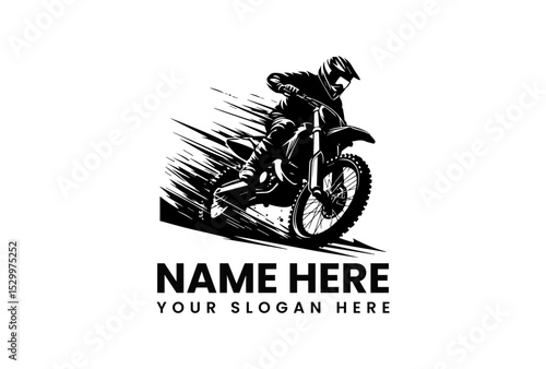 Dynamic black silhouette vector logo of motocross rider jumping dirt bike with dramatic dirt spray action