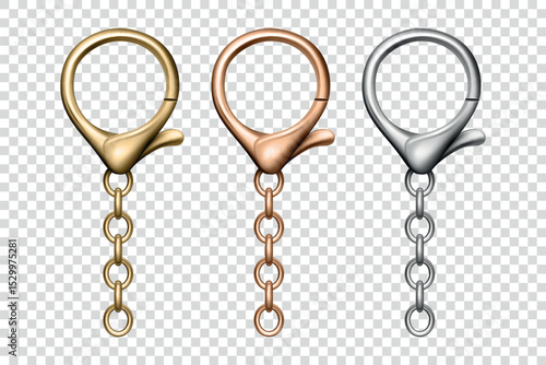 Vector 3d Realistic Lobster Clasp Keychain Set with Chain. Gold, Bronze and Silver Keychain Hook for Jewelry Making, DIY Craft, Bag Accessories, Key Holder Clip, Purse Hardware, Accessory Design
