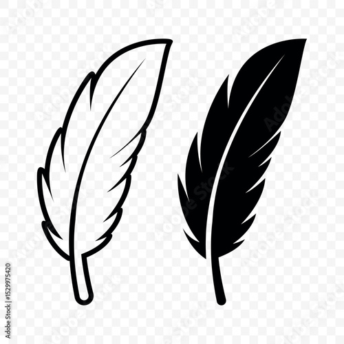 Vector Black and White Fluffy Feather Logo Icons. Silhouette Feather Set Closeup Isolated. Design Template of Flamingo, Angel, Bird Feather. Lightness and Freedom Concept