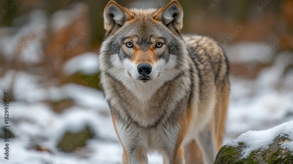Majestic Gray Wolf Standing in Snowy Forest Landscape, Nature Wildlife Photography Majestic Gray Wolf Standing in Snowy Forest Landscape, Nature Wildlife Photography