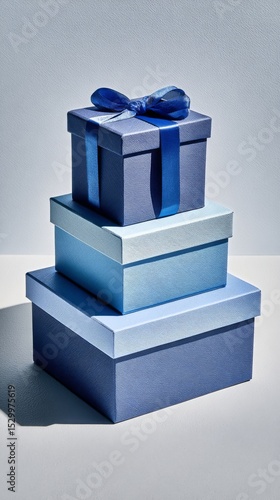 Creative Arrangement of Blue Gift Boxes With Ribbons on a Solid Background.