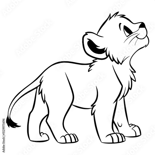 A cartoonish lion cub stands still in a neutral pose, positioned in the center of the image with bold, simple lines. Its mane is minimal, and the background remains plain white.