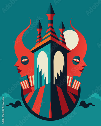 Like a distorted funhouse mirror the figures mind reflects the twisted reality instilled in them by their manipulator.. Vector illustration