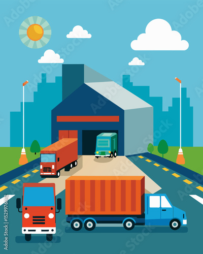 A bustling loading dock with trucks coming and going delivering and picking up materials for recycling.. Vector illustration