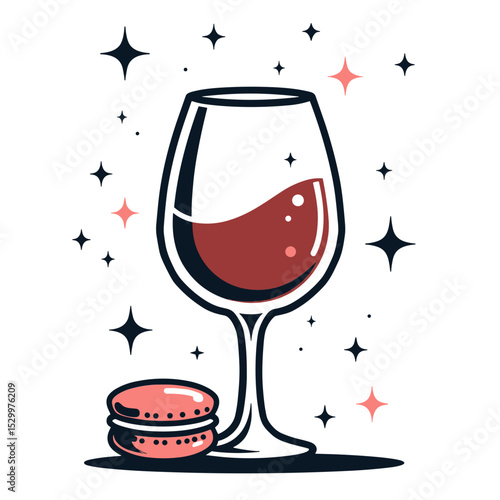 Glass of wine with macaron and sparkles in celebration theme illustration