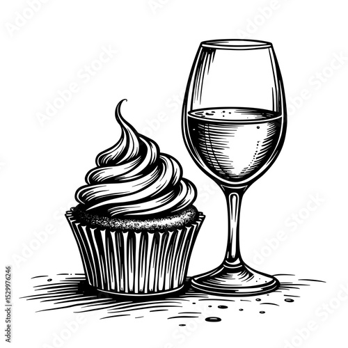 Hand-drawn cupcake with frosting swirl and wine glass for elegant dessert pairing
