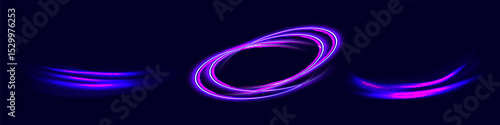 Circular light purple and blue lines, speed or trail. Curved line light effect. Purple and blue portal or magic tunnel. Neon set swirl. Vector illustration.