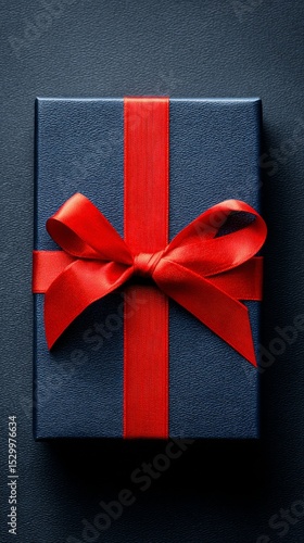 Elegant Blue Gift Box With Red Ribbon on Textured Background for Special Occa...